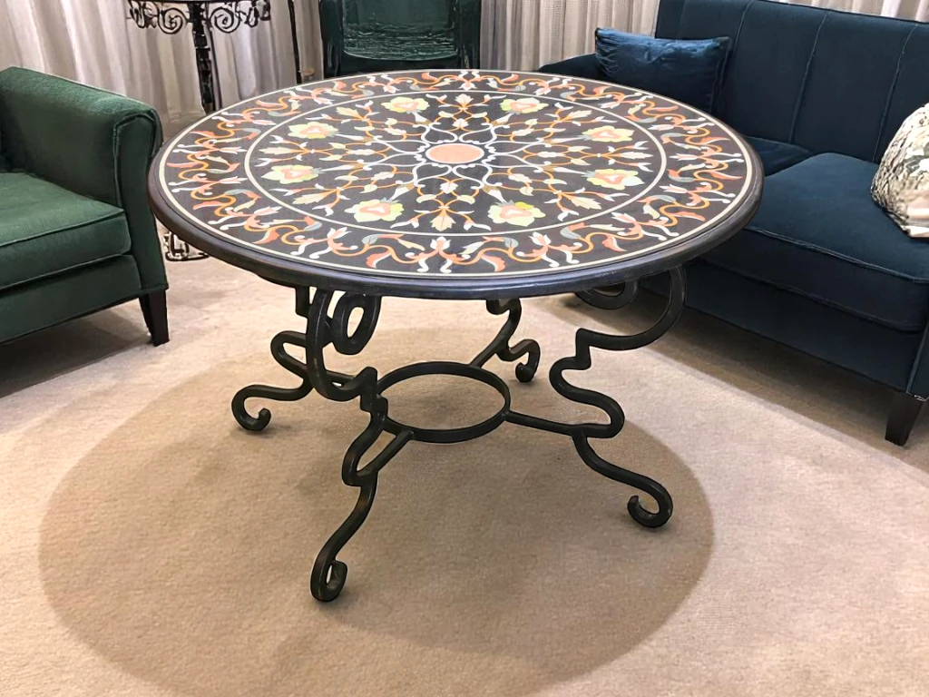 Black Marble Round Table with Floral Pietradura Inlay – Order Now
